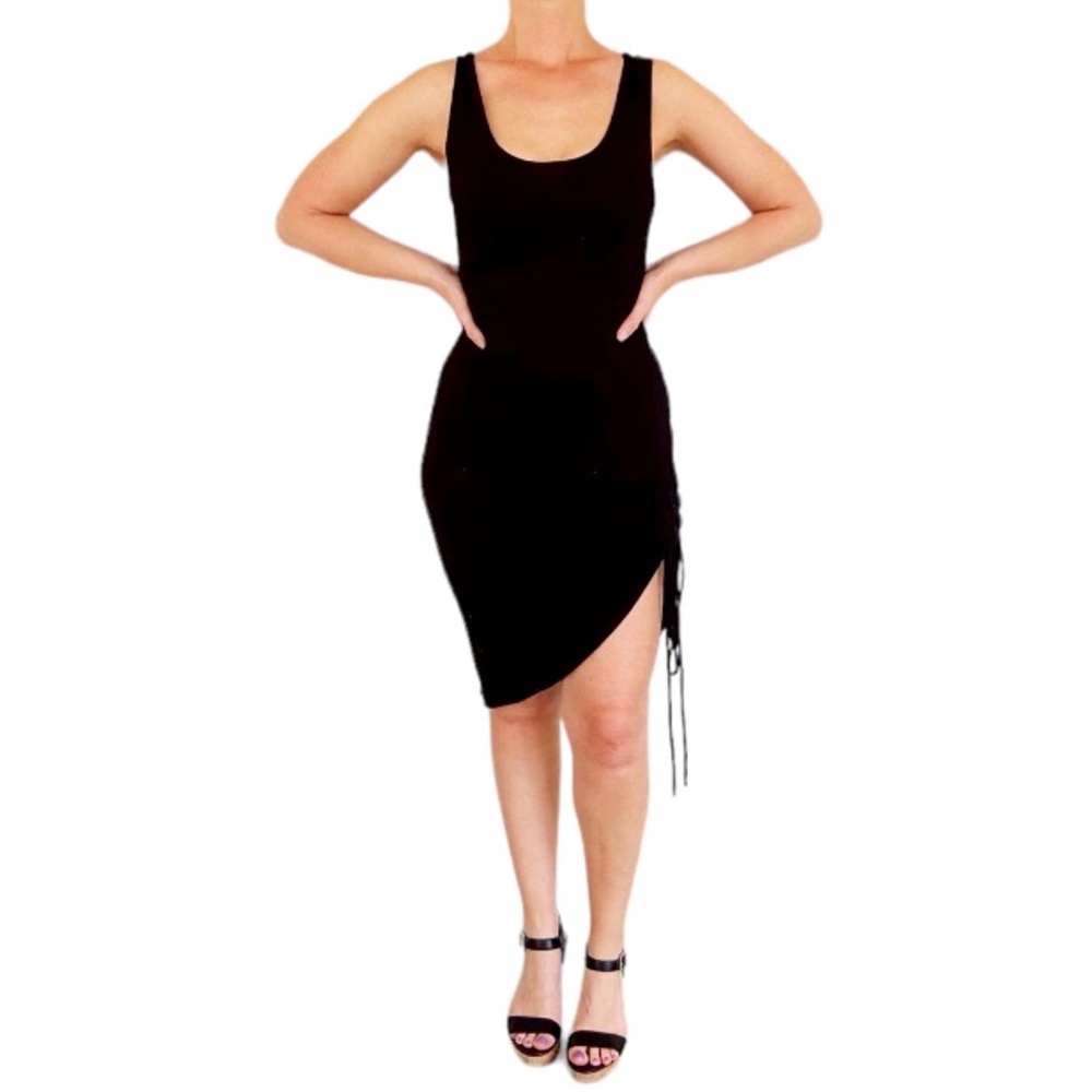 Green Envelope black sleeveless bodycon cinchable tie side midi dress size small